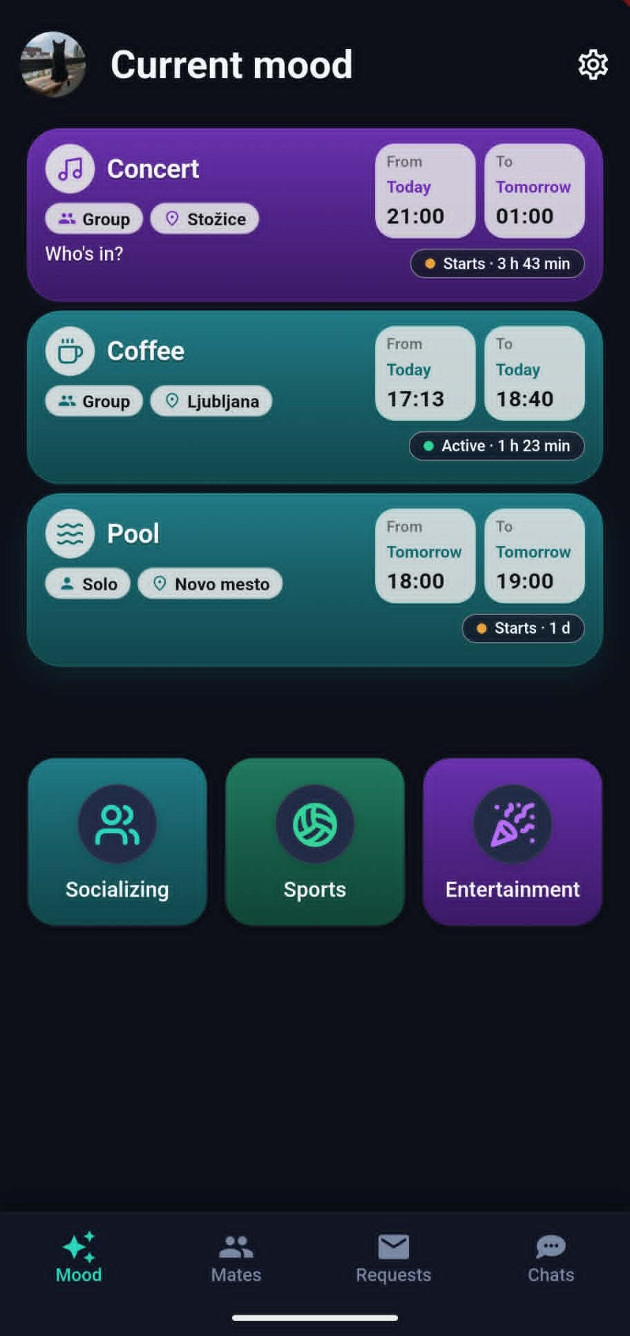 Check Mate app — current mood screen